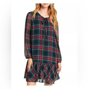 NWT Draper James Plaid Christmas Holiday Tie Neck Flounce Shift Dress Small